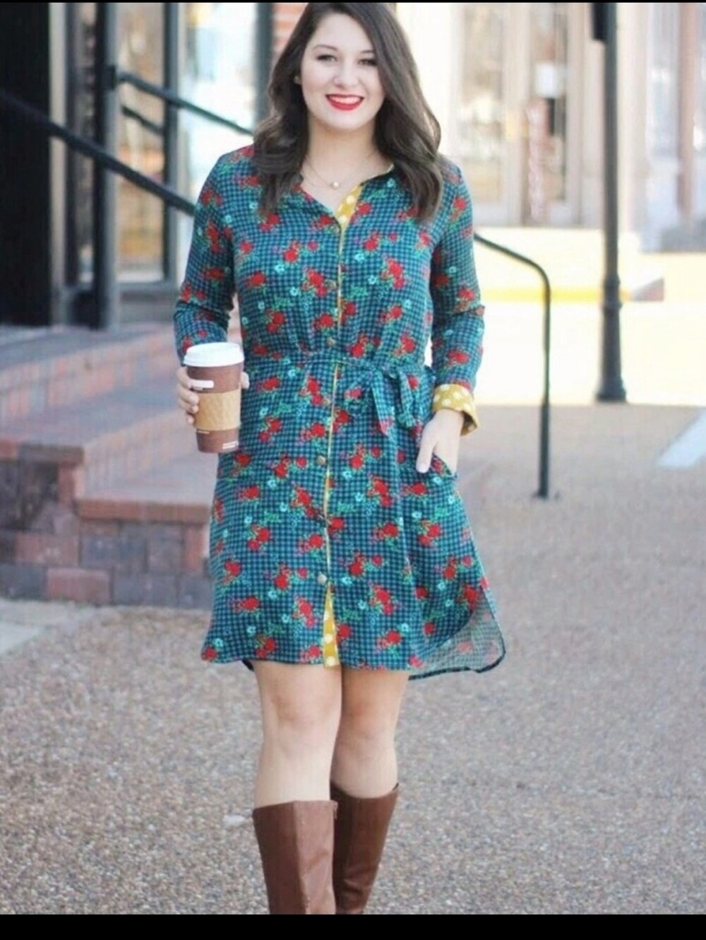 NWT Matilda Jane Plaid Gingham Long-Sleeve Dress with Red Floral Print
